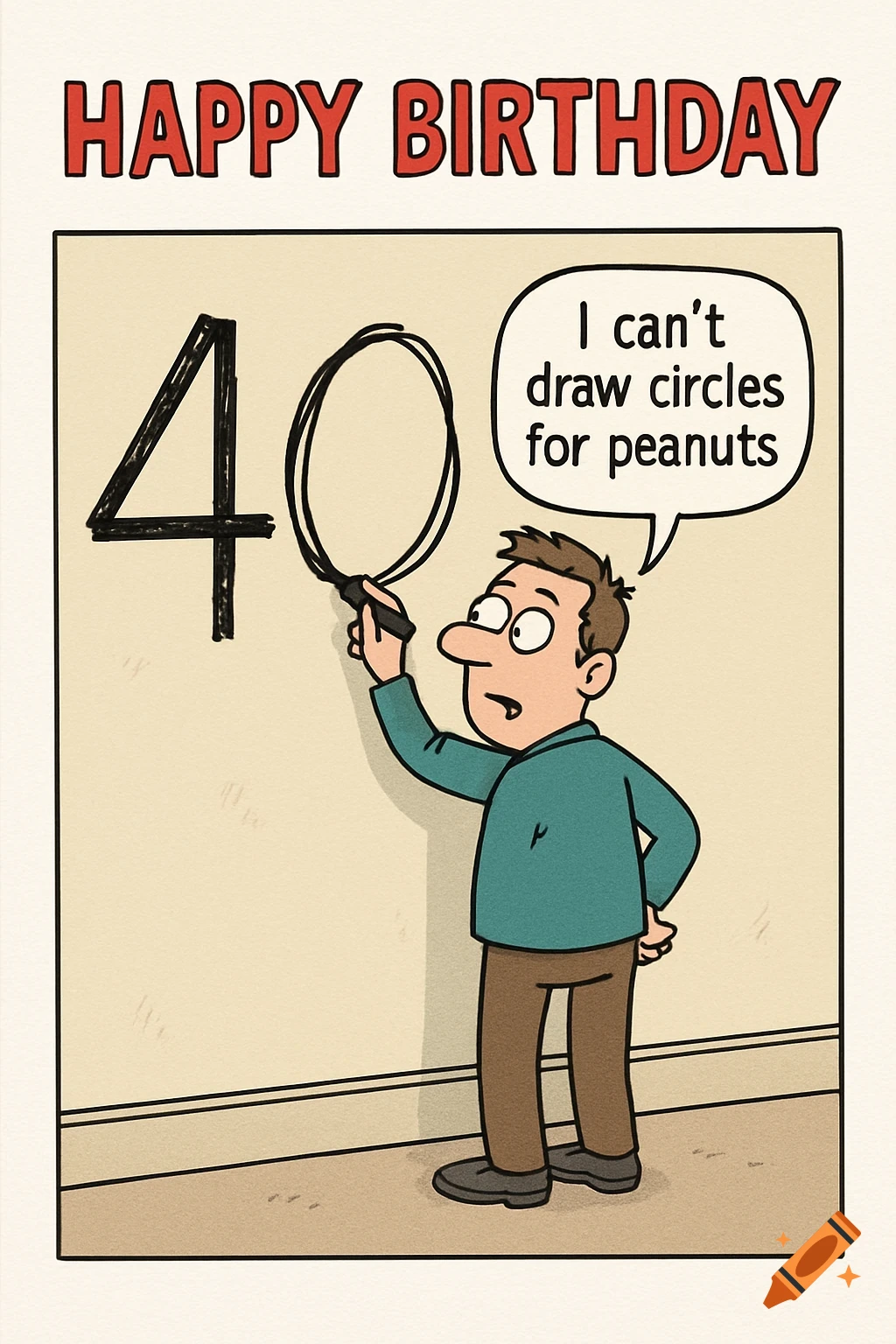 A cartoon birthday card shows a man drawing a large '40' on a wall, with a poorly drawn zero. A speech bubble says, 'I can't draw circles for peanuts.' Text at the top reads 'HAPPY BIRTHDAY'.
