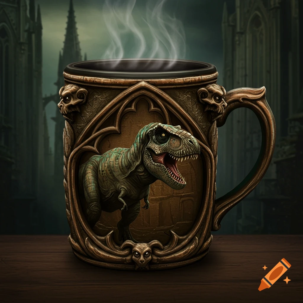 A detailed gothic coffee mug with a T-Rex relief, steaming, set against a dark architectural background.