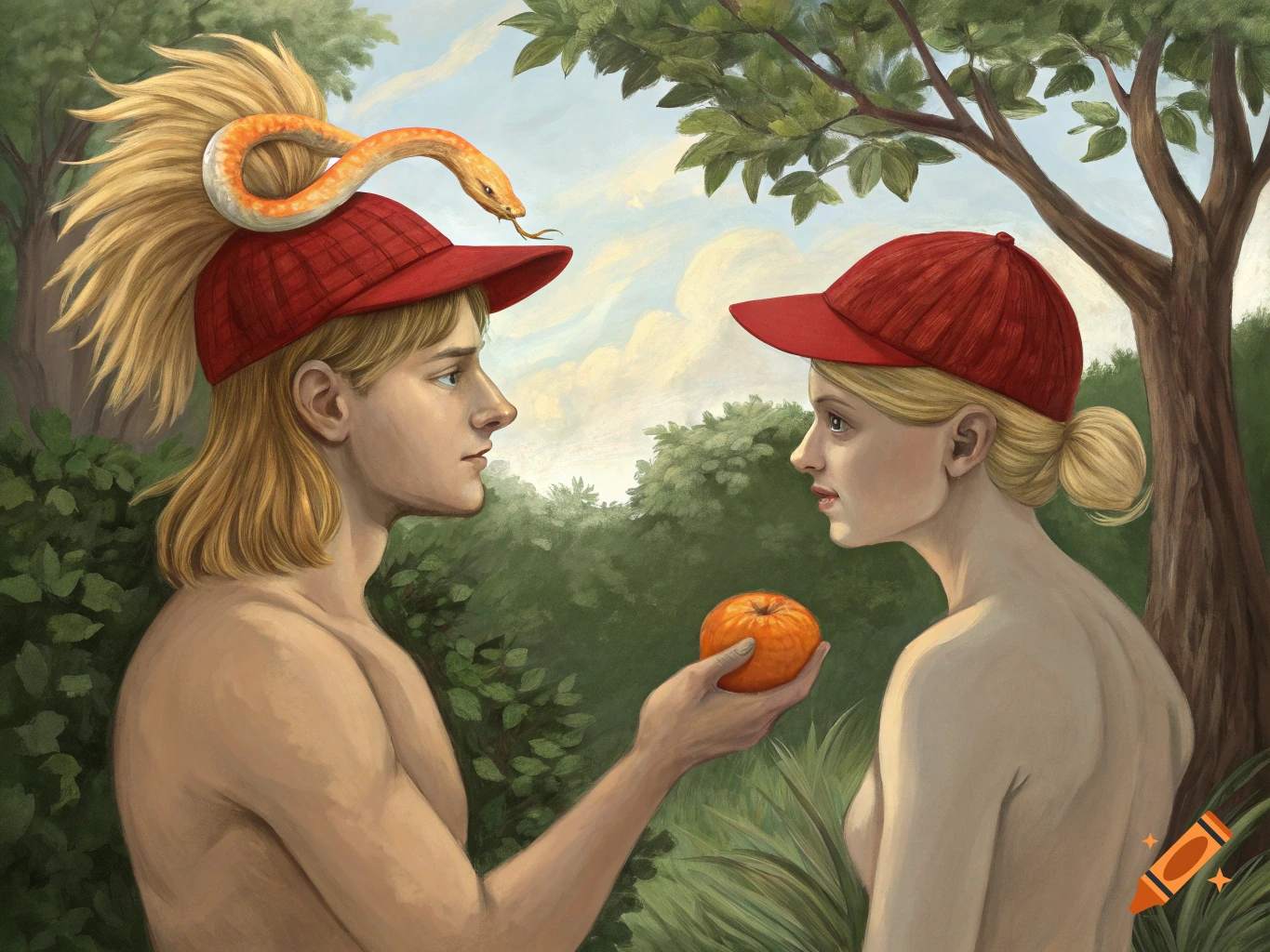 An illustration of Adam and Eve wearing red baseball hats, with a snake on Adam's head, as he offers Eve an orange with a tuft of blonde hair.
