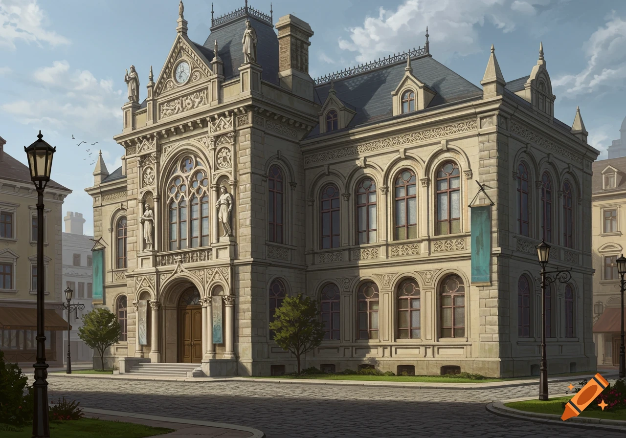 A detailed illustration of a grand Victorian-era stone museum building with ornate windows and a clock, on a cobblestone street.