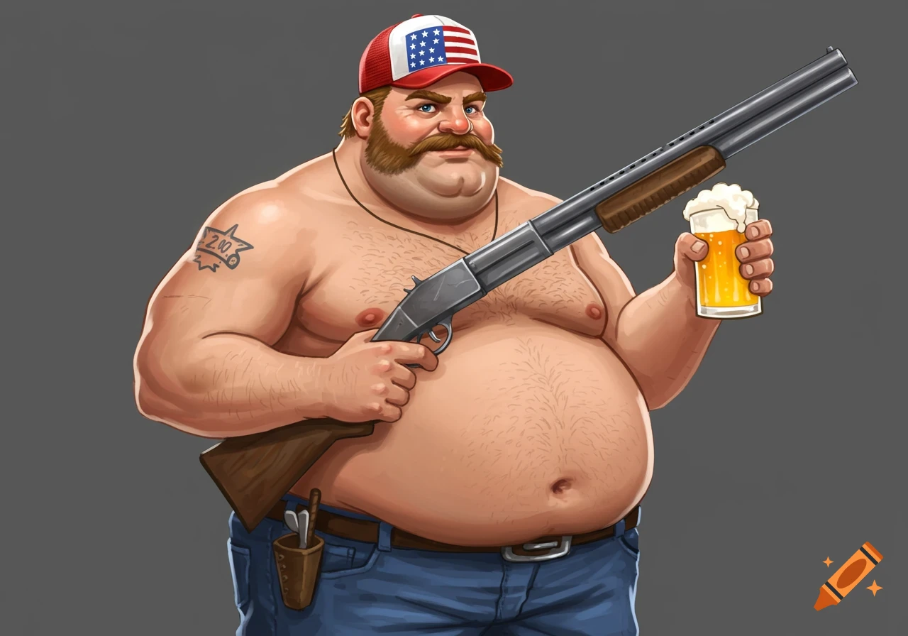 A cartoon illustration of a shirtless, obese man with a mustache, wearing a patriotic trucker hat and holding a shotgun and a glass of beer.