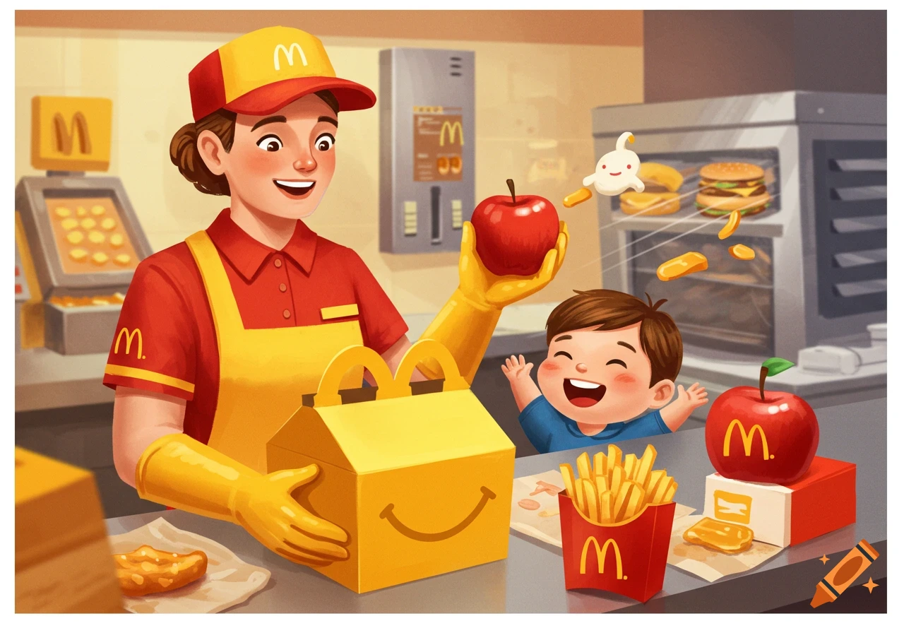 A smiling McDonald's employee in uniform gives a Happy Meal box and an apple to an excited child in a cartoon style.