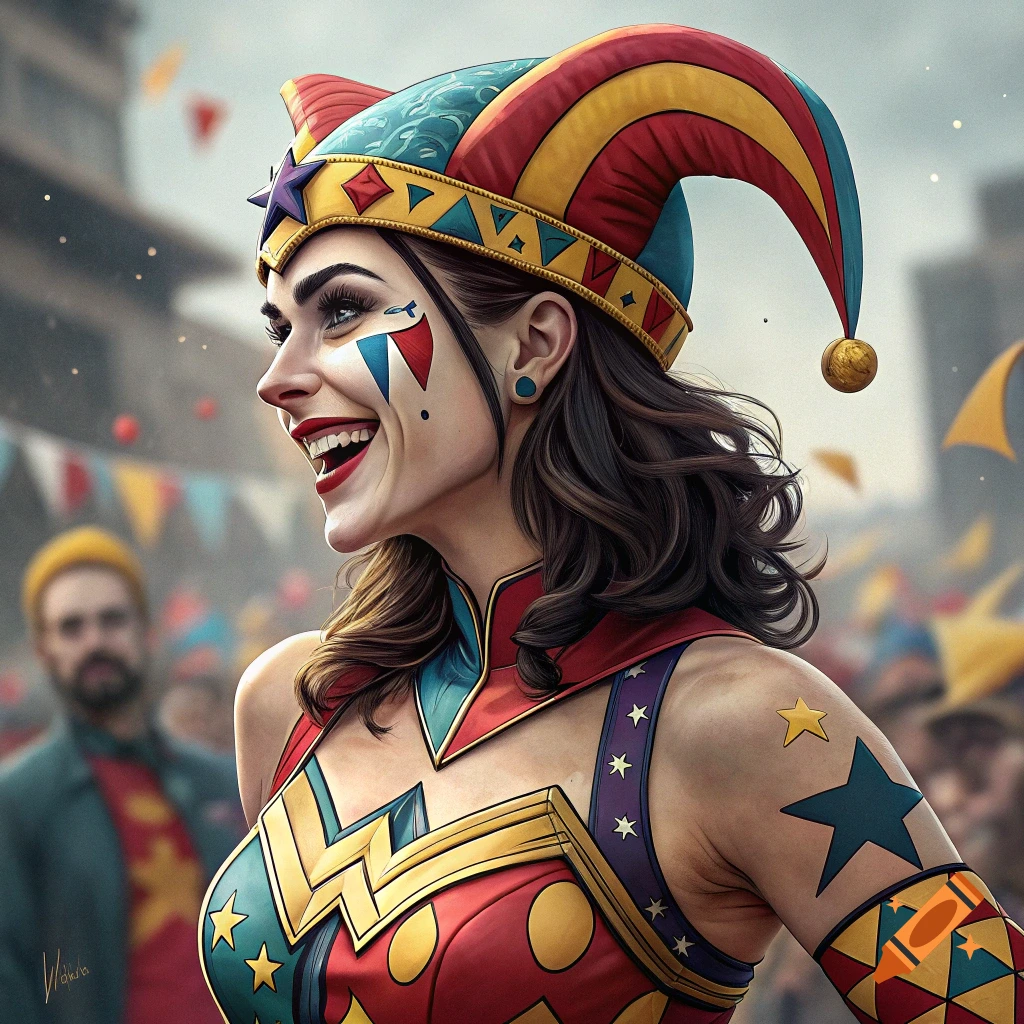 A smiling woman wearing a colorful jester hat, face paint, and a superhero-style costume with stars and zigzags, at an outdoor festival.
