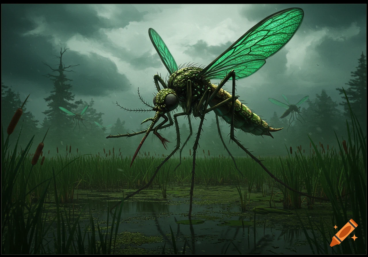 A detailed, photorealistic image of a giant mosquito standing in a dark, misty grassy swamp under a cloudy sky.