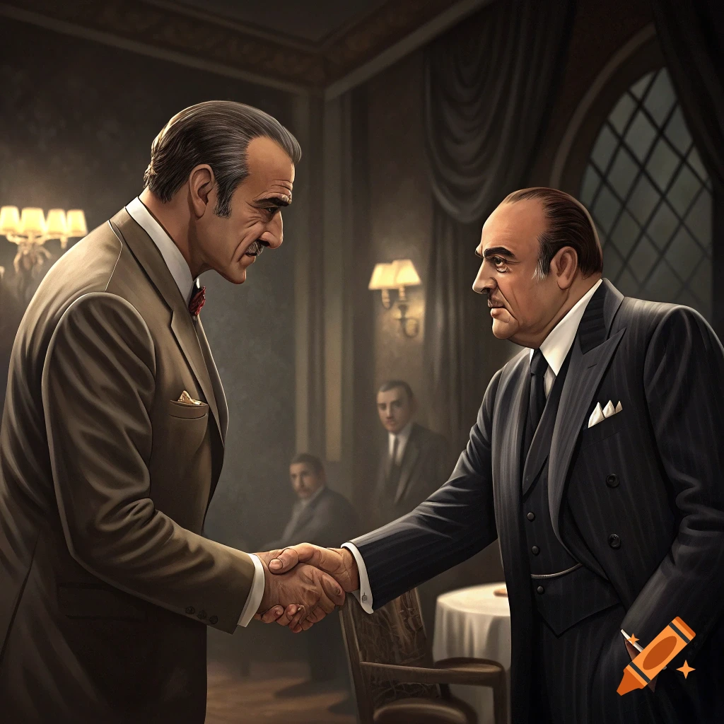 Two well-dressed men, one in a brown suit and the other in a pinstripe suit, shake hands in a dimly lit, formal room.