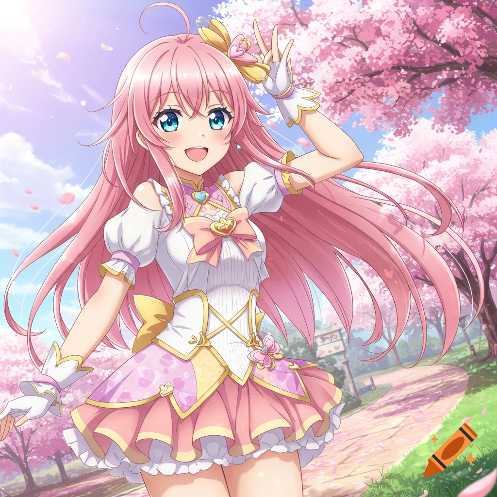 An anime girl with long pink hair and a cute pink and white dress smiles and poses in a cherry blossom park.