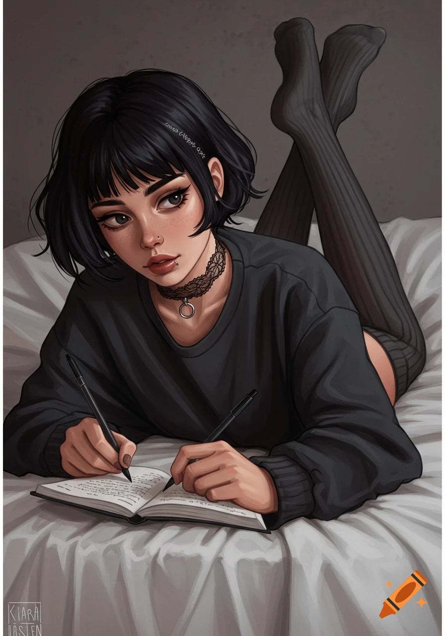 Digital art illustration of a young woman with short black hair lying on her stomach in bed, writing in a journal, with her feet up.