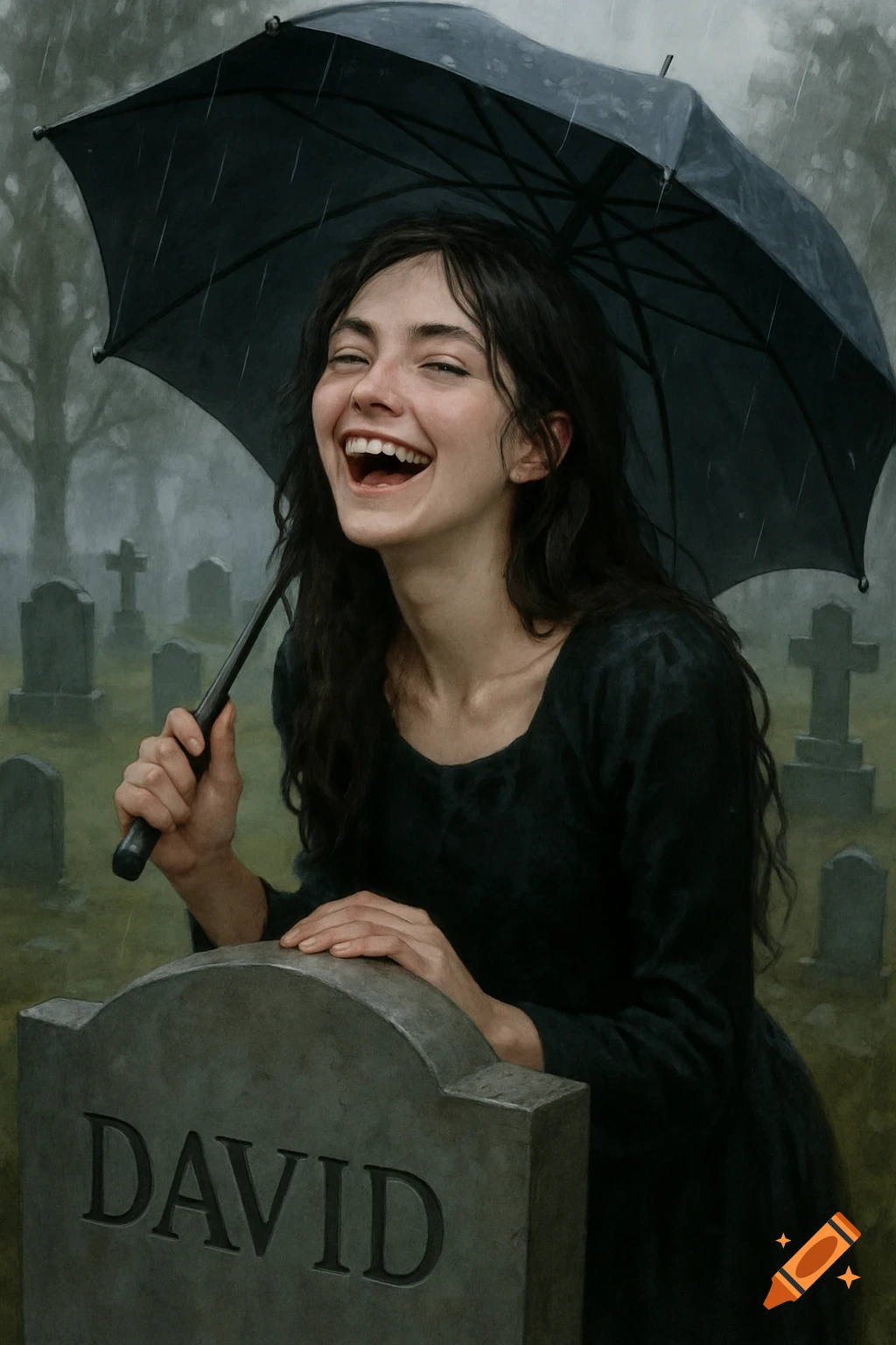 A young woman laughs joyfully under a black umbrella in a rainy graveyard, leaning on a headstone engraved with "DAVID".