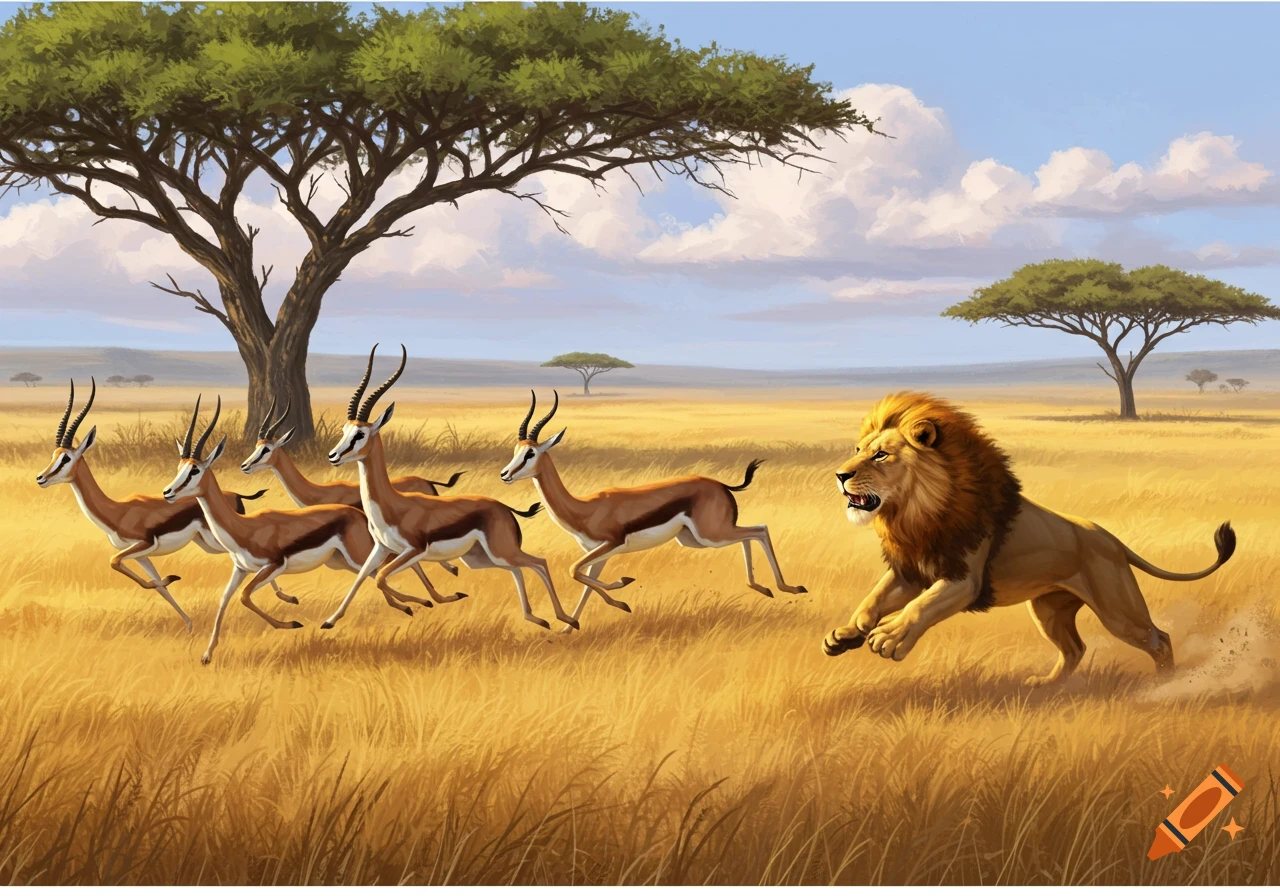 A male lion chases a herd of gazelles through tall golden savanna grass under a blue sky with clouds.