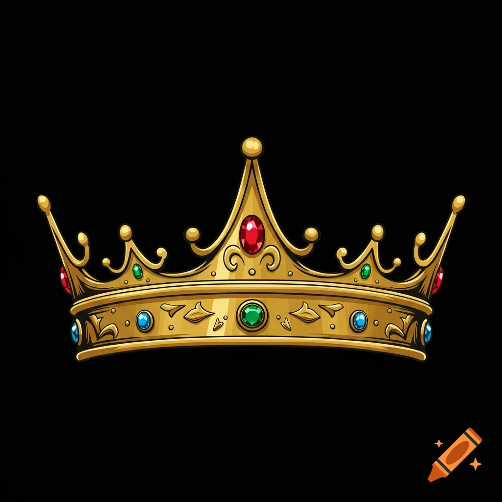 A golden crown adorned with red, green, and blue jewels on a black background.