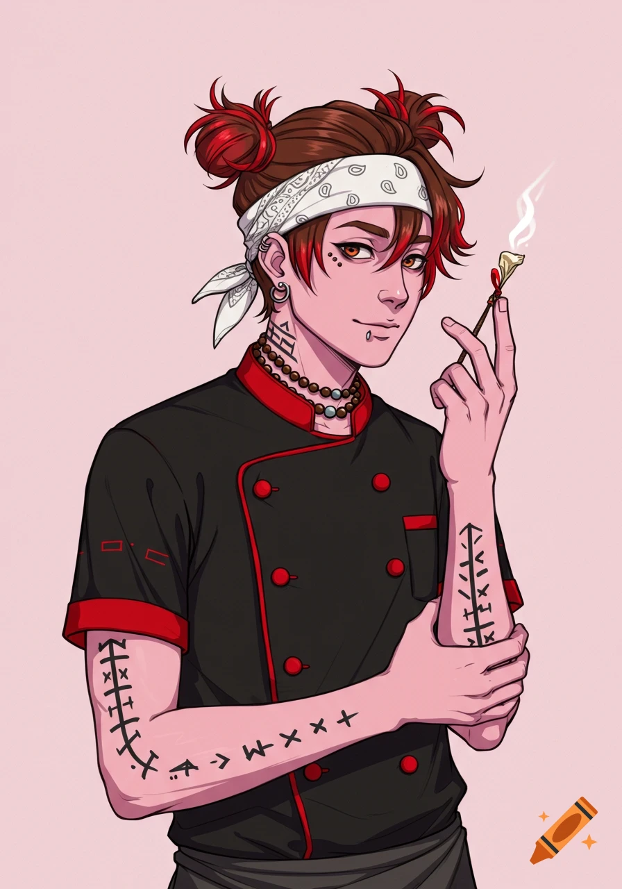 Anime-style portrait of a young adult chef with red-tipped hair buns, bandana, tattoos, and piercings, holding a utensil.