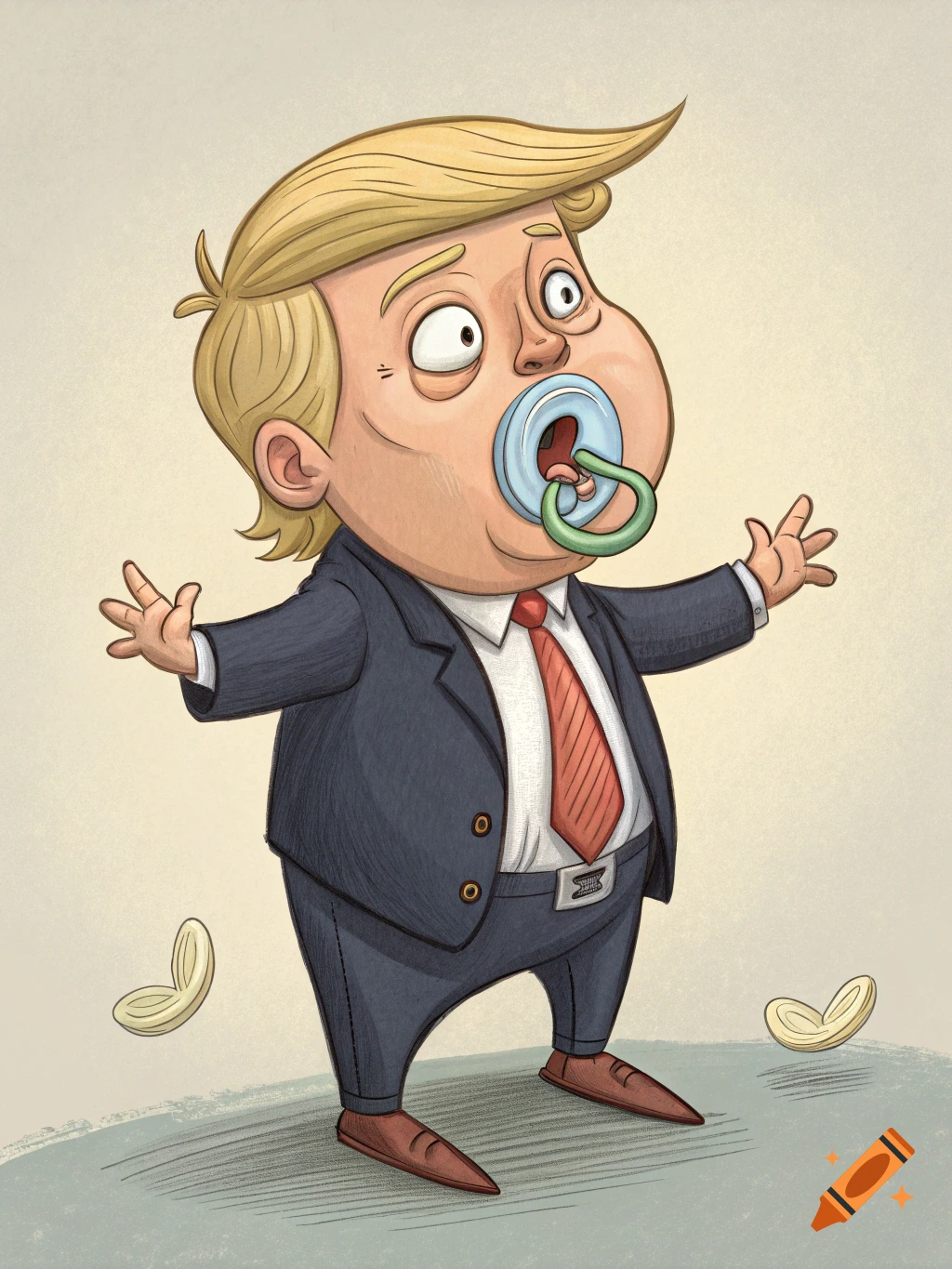 Cartoon illustration of a baby Donald Trump in a suit with a pacifier in his mouth and arms outstretched.