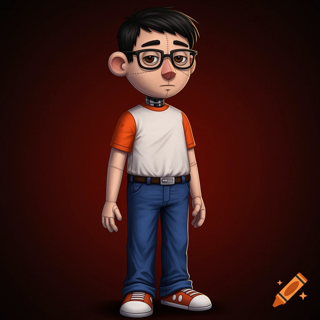 A cartoon character resembling an animatronic or rag doll, with dark hair, glasses, a white and orange shirt, and jeans, standing against a dark red background.