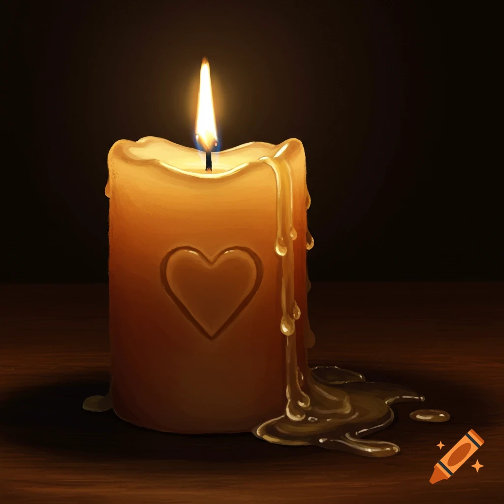 A burning candle with a carved heart and melted wax dripping onto a dark wooden surface.