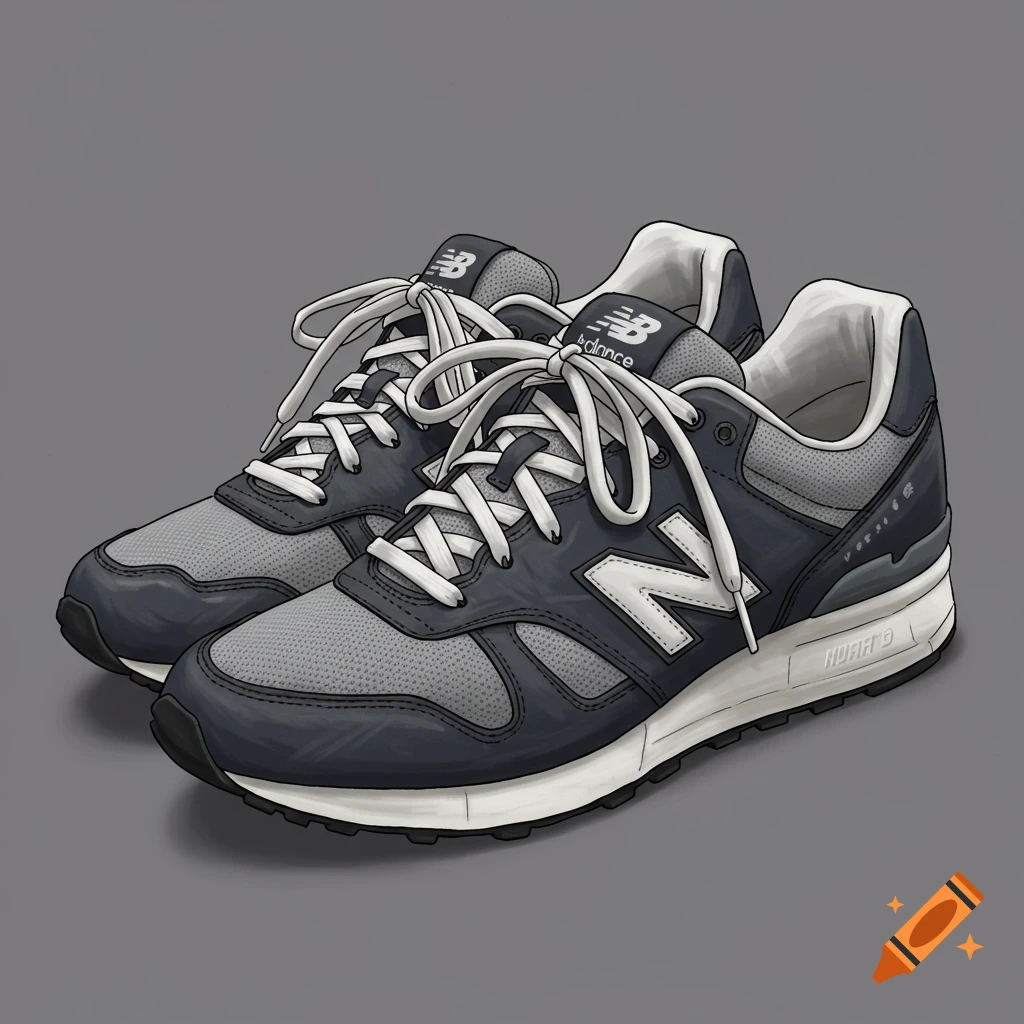 A pair of dark grey and light grey sneakers with white laces, illustrated on a solid grey background.