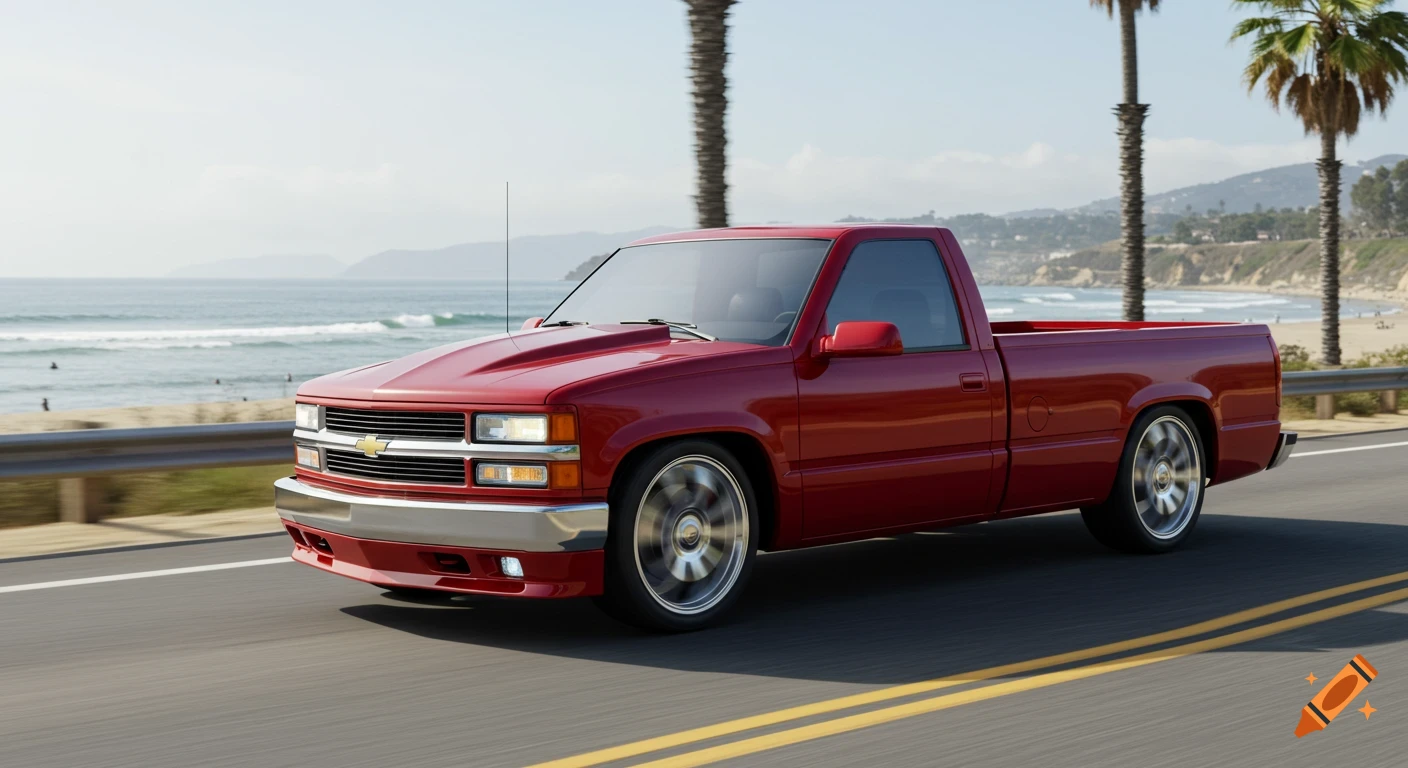 A red customized Chevrolet Silverado pickup truck drives along a sunny coastal highway with palm trees and ocean.