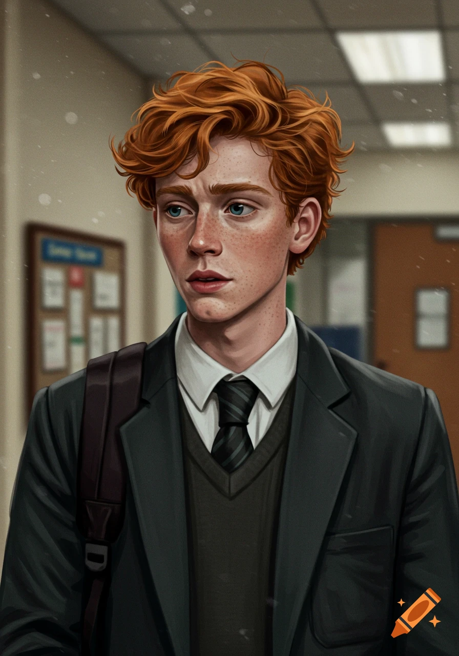 A close-up portrait of a red-haired male teenager in a school uniform with a backpack, looking thoughtful.