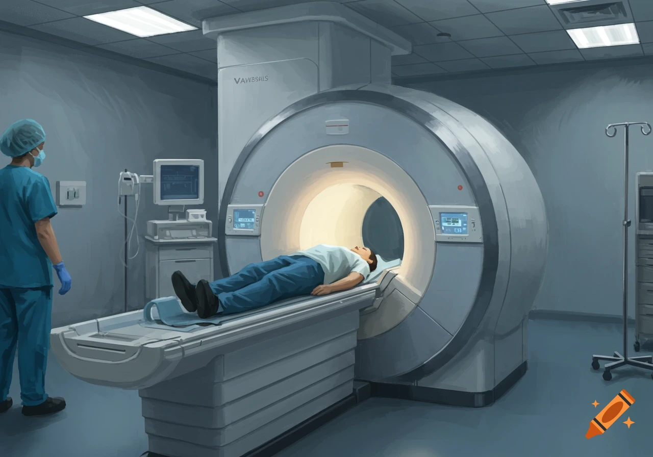 An illustrative image of a patient entering an MRI machine with a medical professional standing nearby in a hospital room.