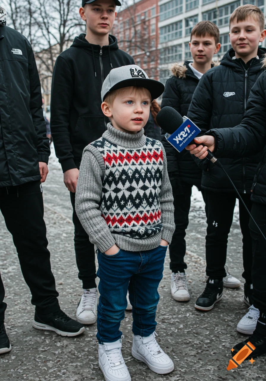 A young boy in a grey patterned sweater and a backwards cap is interviewed by a microphone on a city street, surrounded by other children and teens.