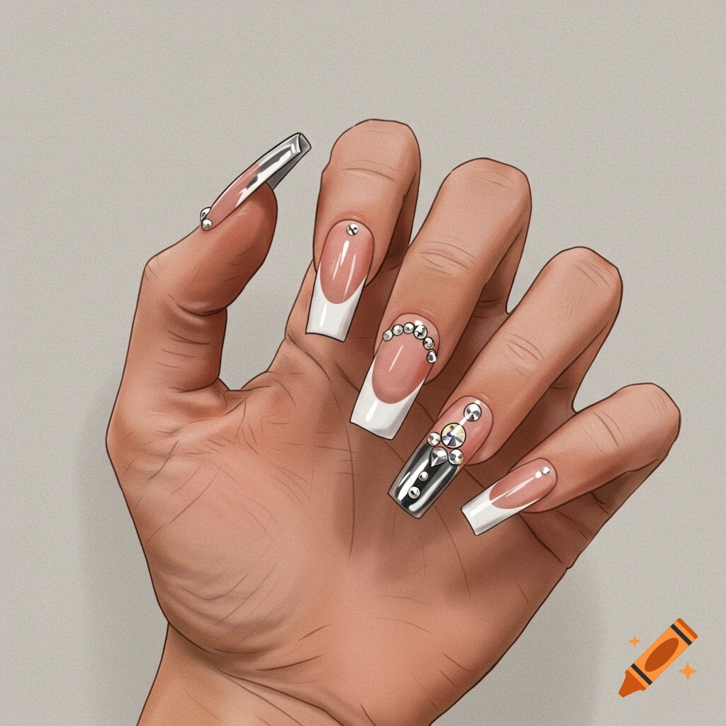 A hand with long, square-tipped nails, featuring white french tips, chrome details, and crystal embellishments in an illustrated style.