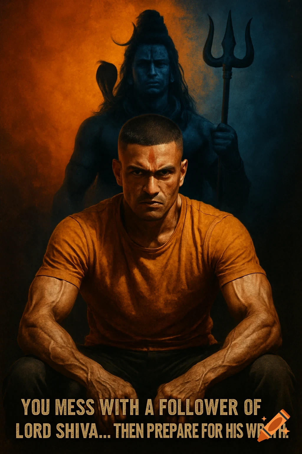 Photorealistic digital painting of a muscular Hindu man with a red tilak, sitting in front of a blue Lord Shiva holding a trishul. Text reads: "You mess with a follower of Lord Shiva... then prepare for his wrath."