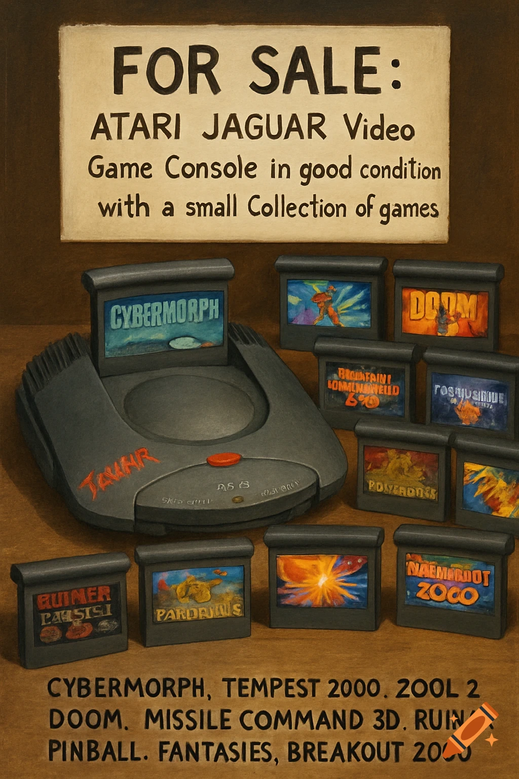 An old Atari Jaguar console with a game cartridge inserted, surrounded by multiple other game cartridges. A "For Sale" sign hangs above, and a list of game titles is below.