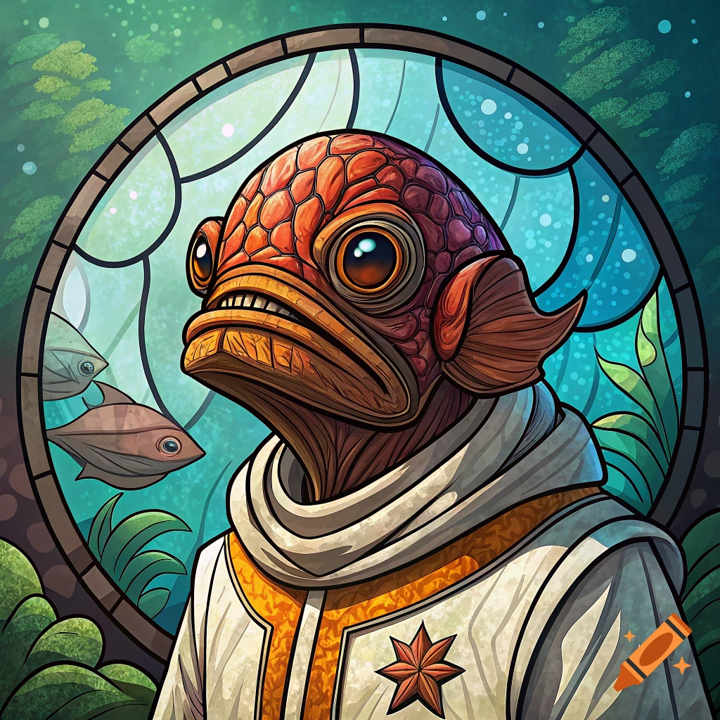Admiral Ackbar depicted in a vibrant stained glass art style, looking upwards, surrounded by underwater plants and other fish.
