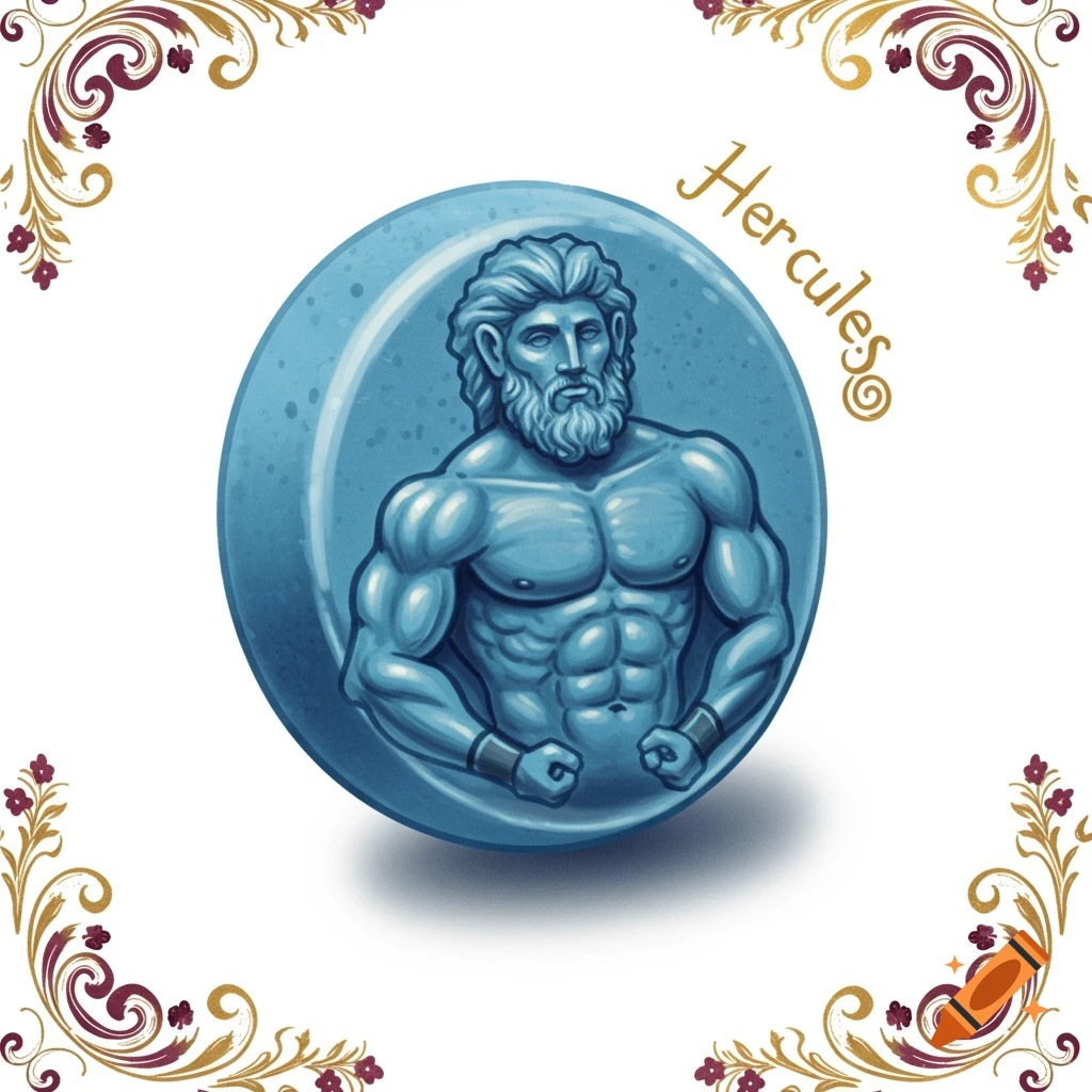 A blue pill-shaped illustration featuring a muscular Hercules bust, with the name "Hercules" and gold and maroon decorative swirls in the corners.