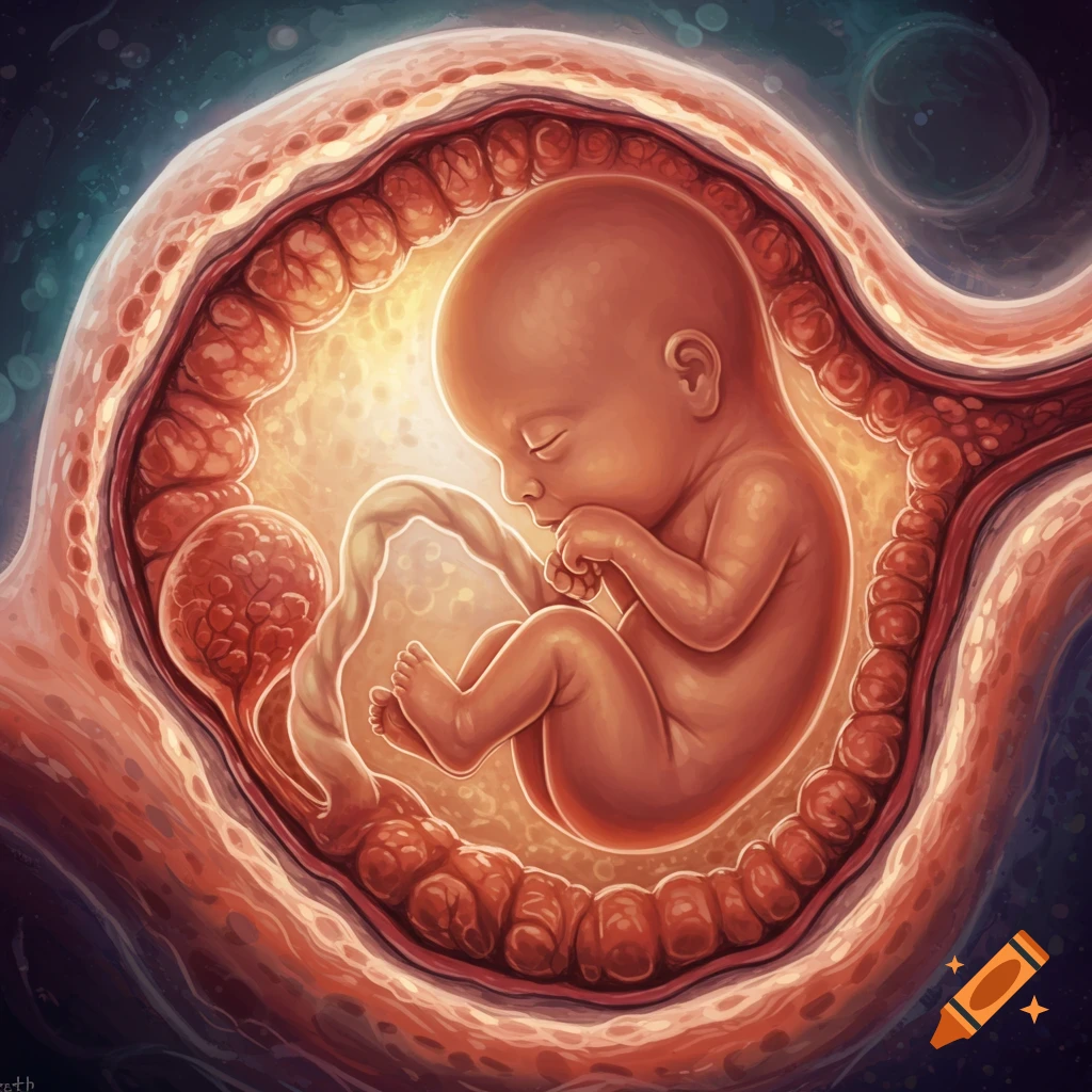 An artistic illustration of a human fetus curled inside the womb with an umbilical cord.