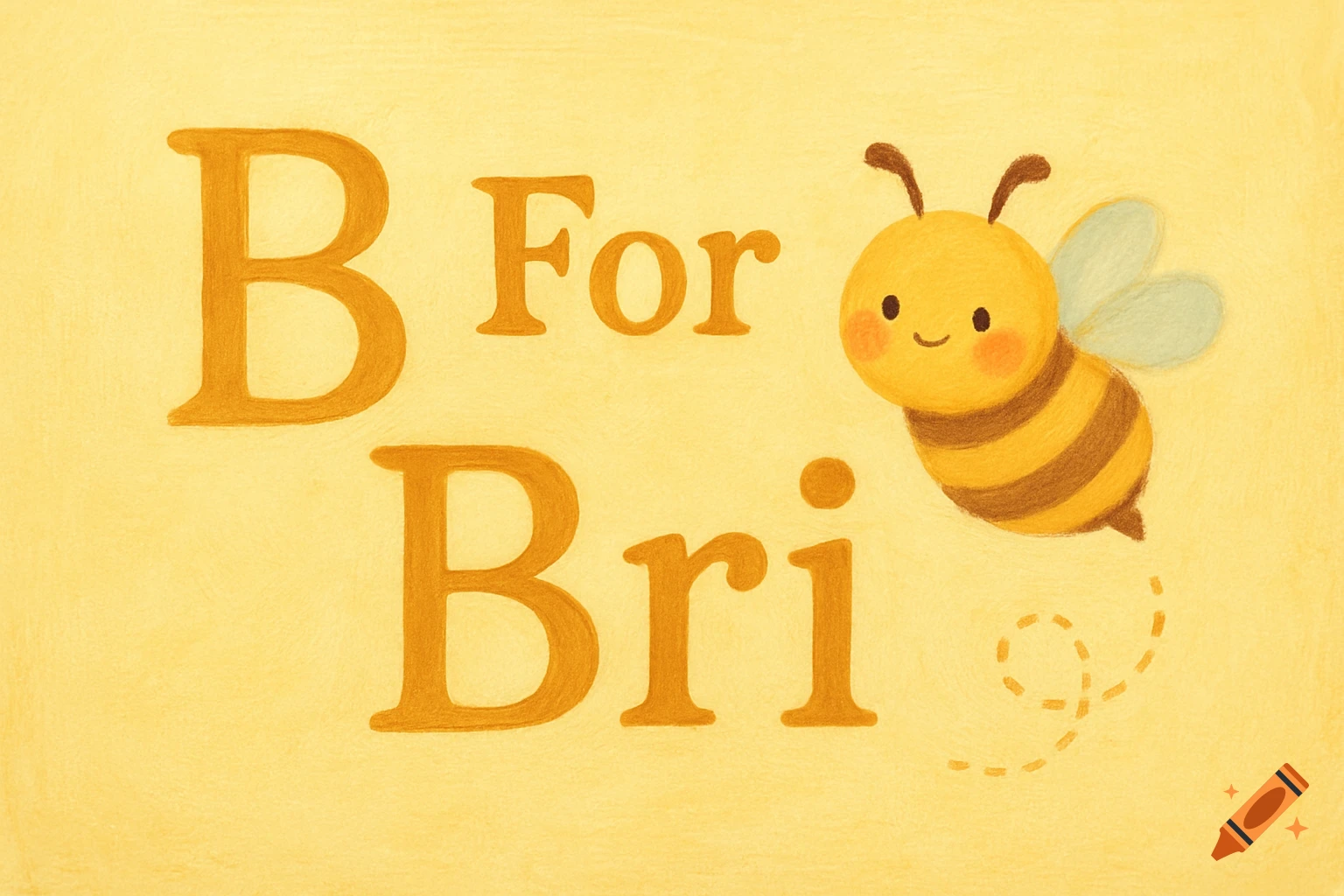 A cute cartoon bee next to the text 'B For Bri' on a pastel yellow background in a children's book illustration style.
