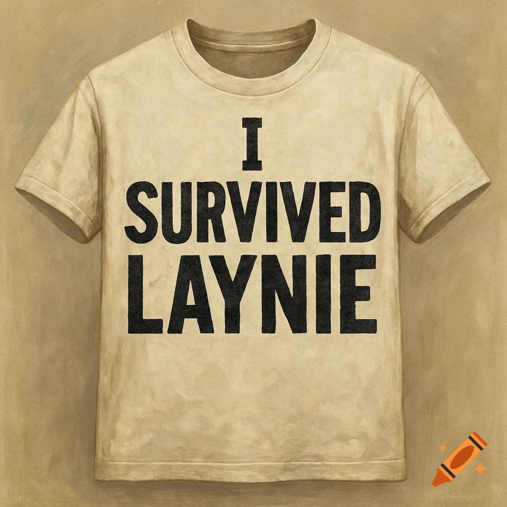 A beige t-shirt with the text 'I SURVIVED LAYNIE' in black, on a brown background.