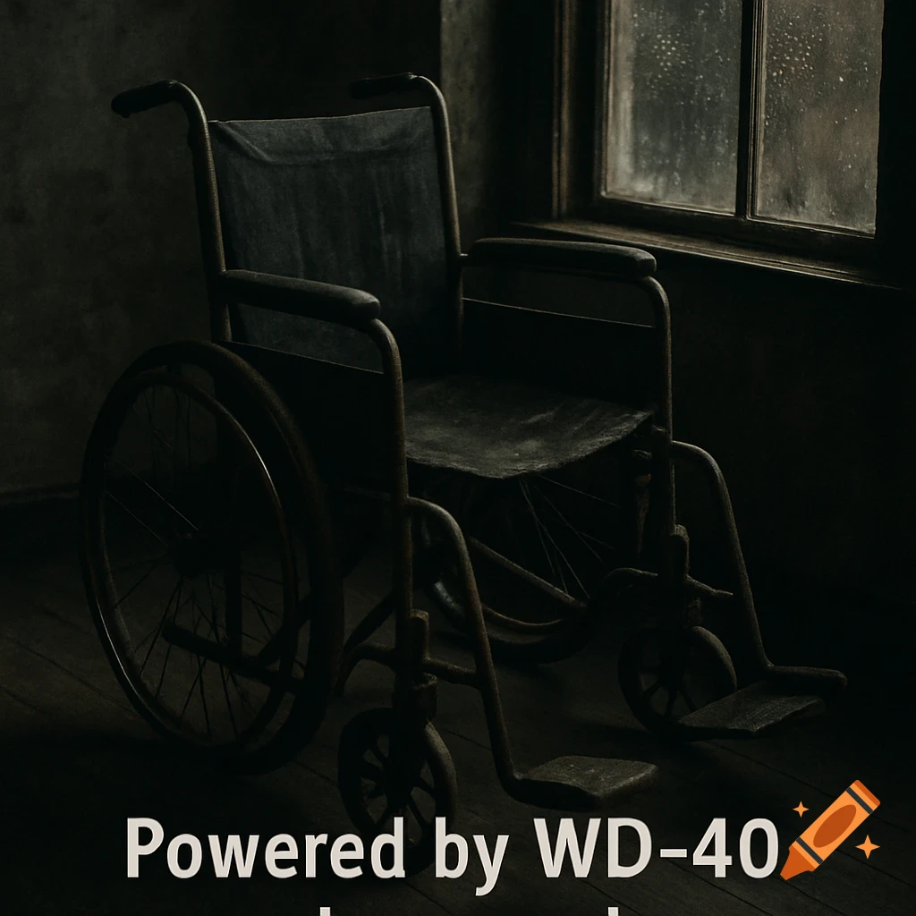 A dark, moody photo of an old, creaky wheelchair next to a window on a rainy day, with text "Powered by WD-40 and pure spite."