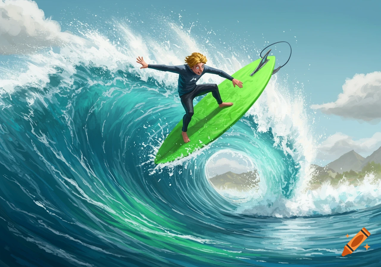 A wide-eyed cartoon surfer in a wetsuit rides a bright green surfboard on a giant, curling ocean wave with mountains in the background.