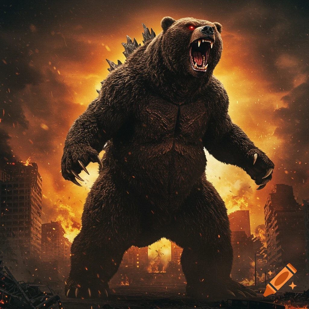 A monstrous, large brown bear with glowing red eyes and Godzilla-like spikes on its back stands roaring amidst a burning, ruined city.