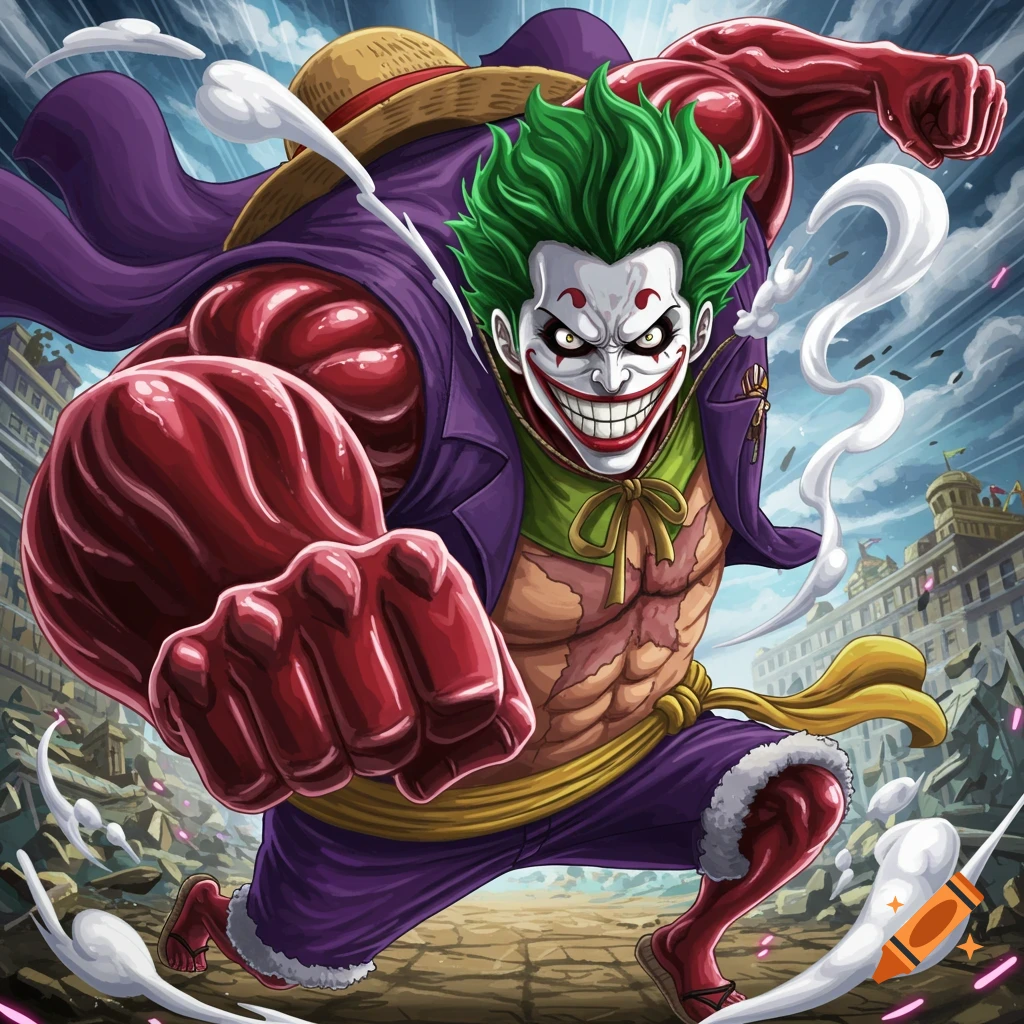 Anime illustration of Gear 5 Luffy with Joker makeup, lunging forward with flexed muscles.