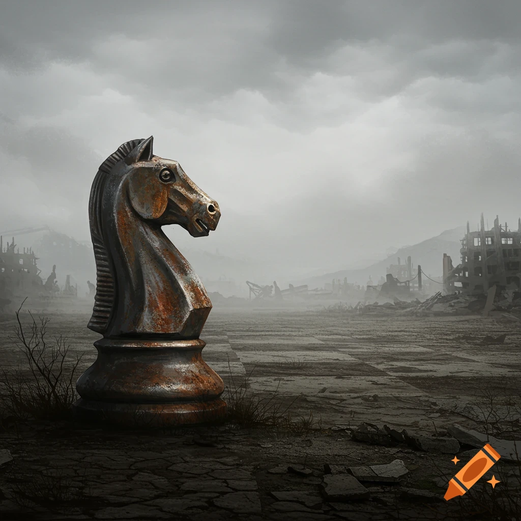 A large, rusty metal chess knight stands prominently in a desolate, ruined city landscape under a stormy, cloudy sky.
