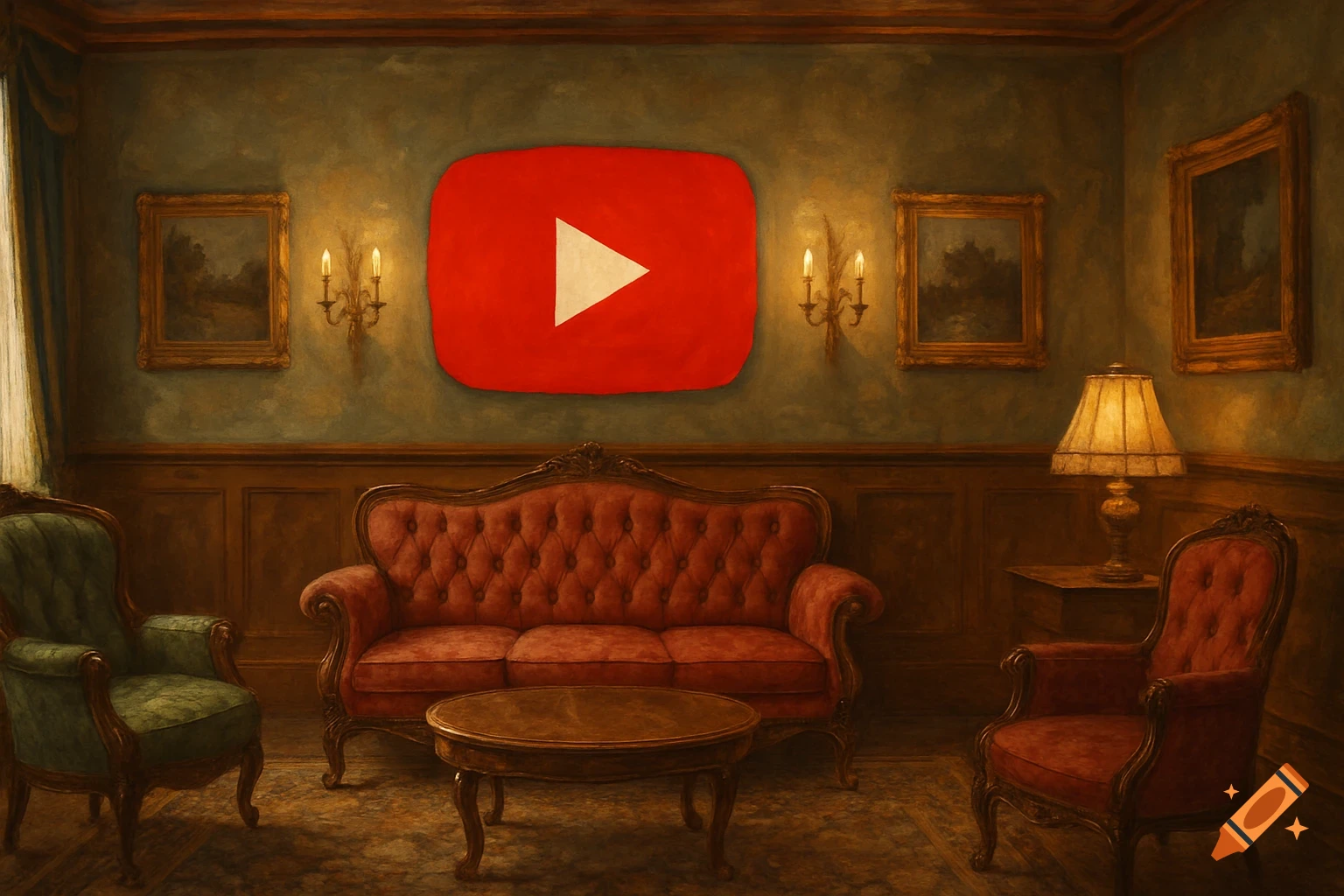 A richly decorated parlor features a large red YouTube logo on the wall above an ornate red sofa and a green armchair, rendered in a painterly style.