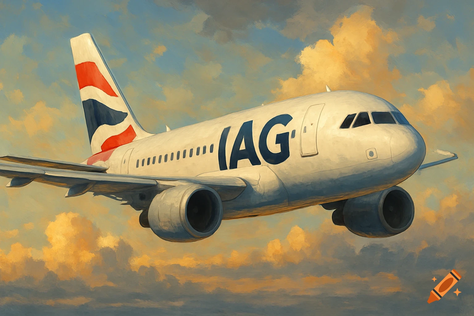 Oil painting of a white airplane with "IAG" on its side, flying through a cloudy sky.