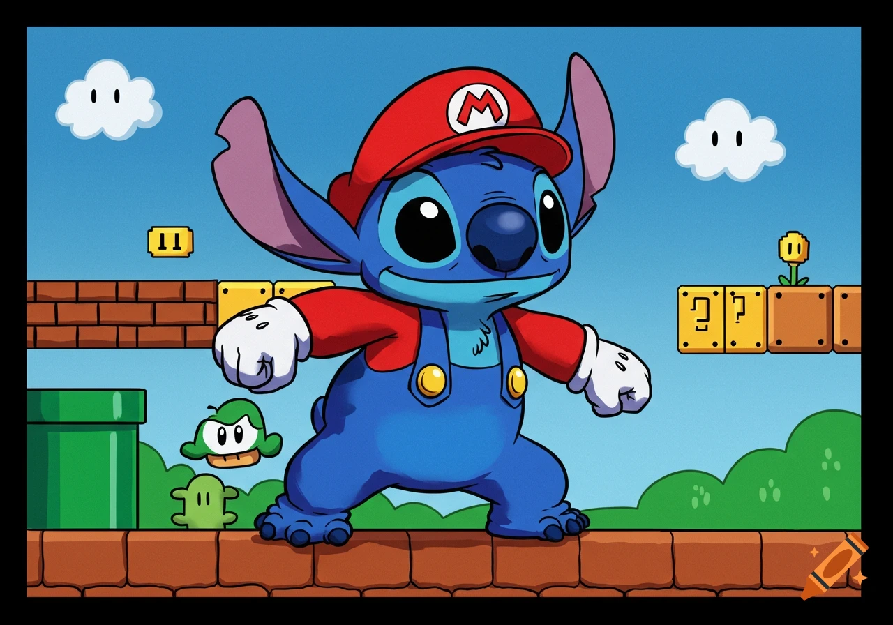 Stitch dressed as Mario, standing on a brick platform in a Super Mario Bros. level, with question mark blocks and clouds.