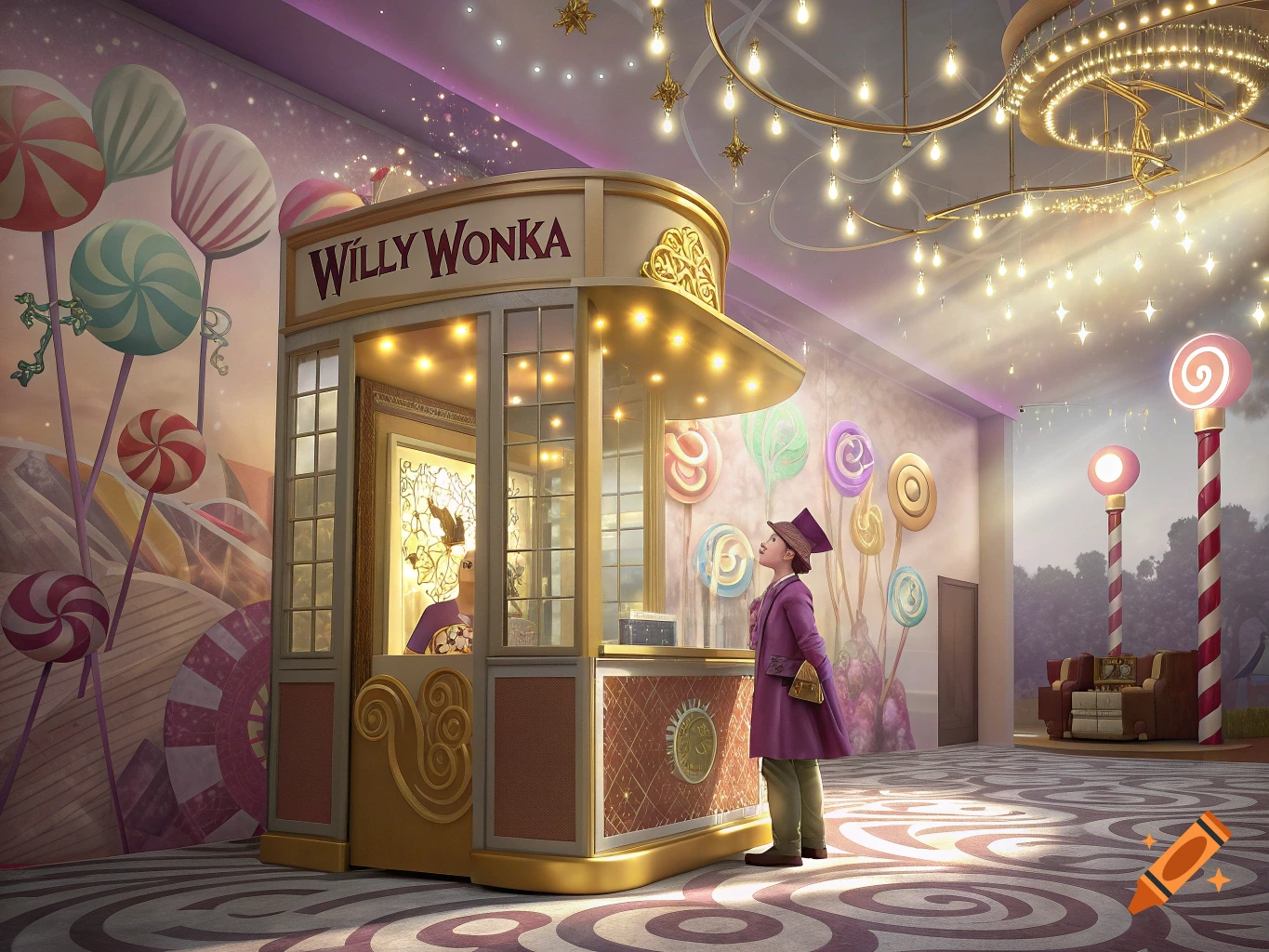 Whimsical candy-themed room with a 'Willy Wonka' ticket booth, large lollipops, and a person in a purple coat.