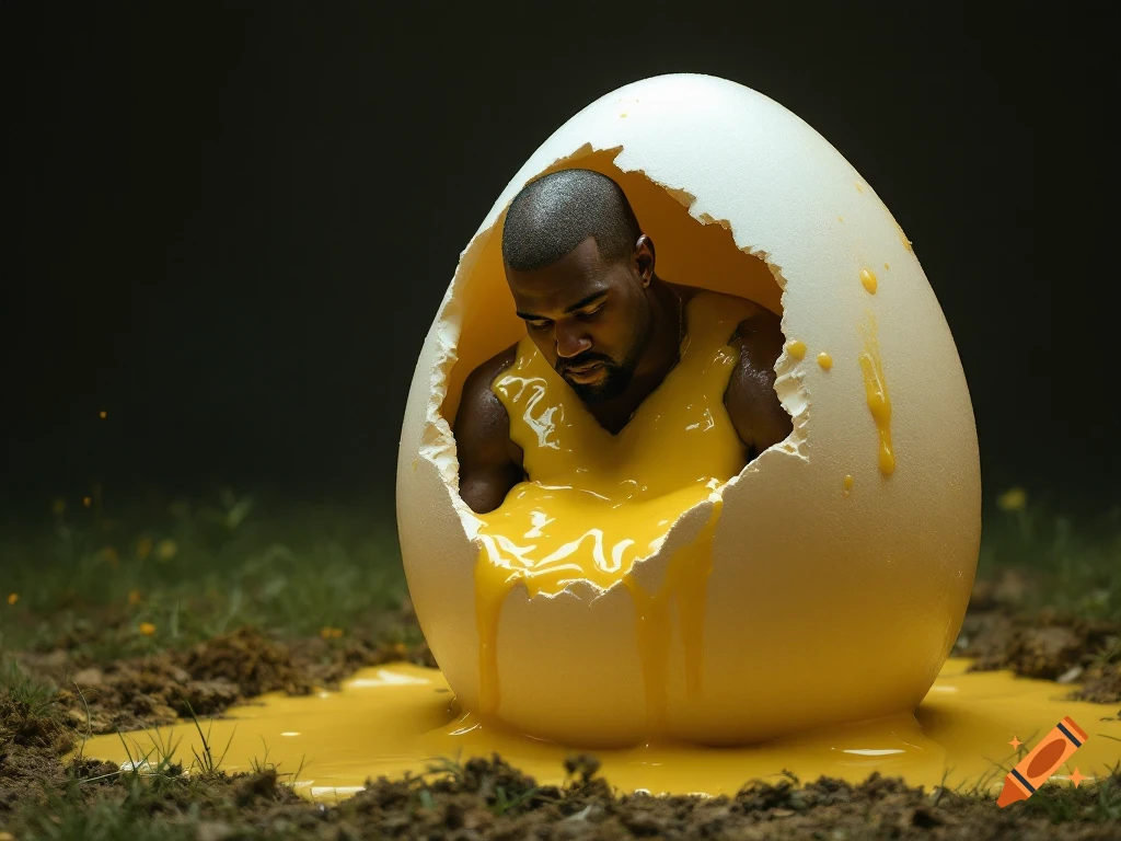 Photorealistic image of rapper Kanye West hatching from a giant white egg, covered in yellow yolk, on dark ground.