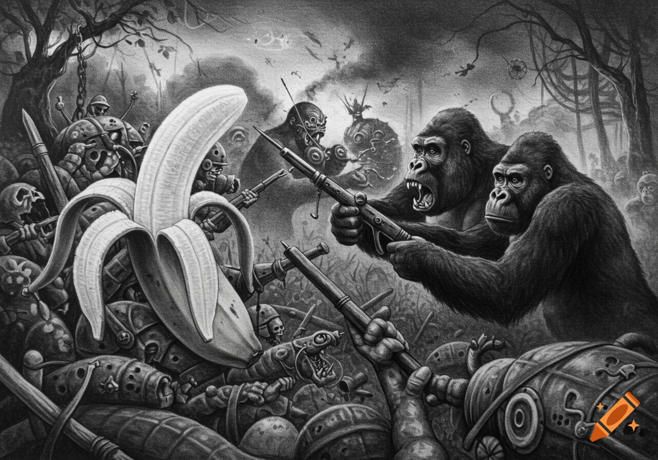 A charcoal drawing of an epic war scene with anthropomorphic bananas battling gorillas in a forest.