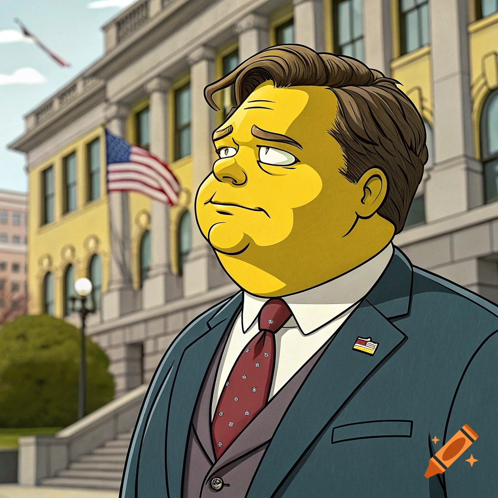 A cartoon man with yellow skin, brown hair, and a double chin, wearing a suit and red tie, stands in front of a large building with an American flag.