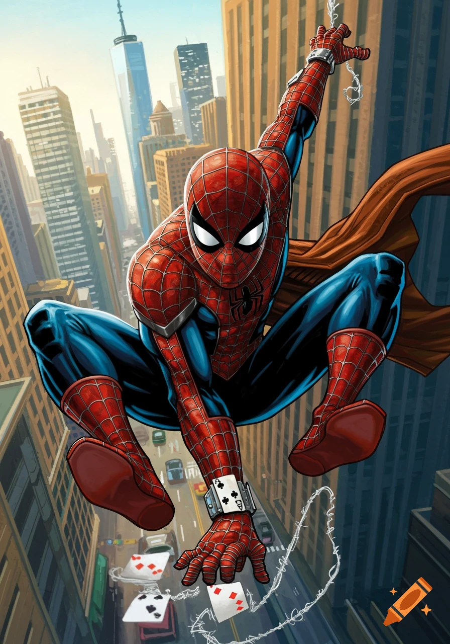 Spider-Man in red and blue suit web-slinging above a cityscape with playing cards falling, in a comic book art style.