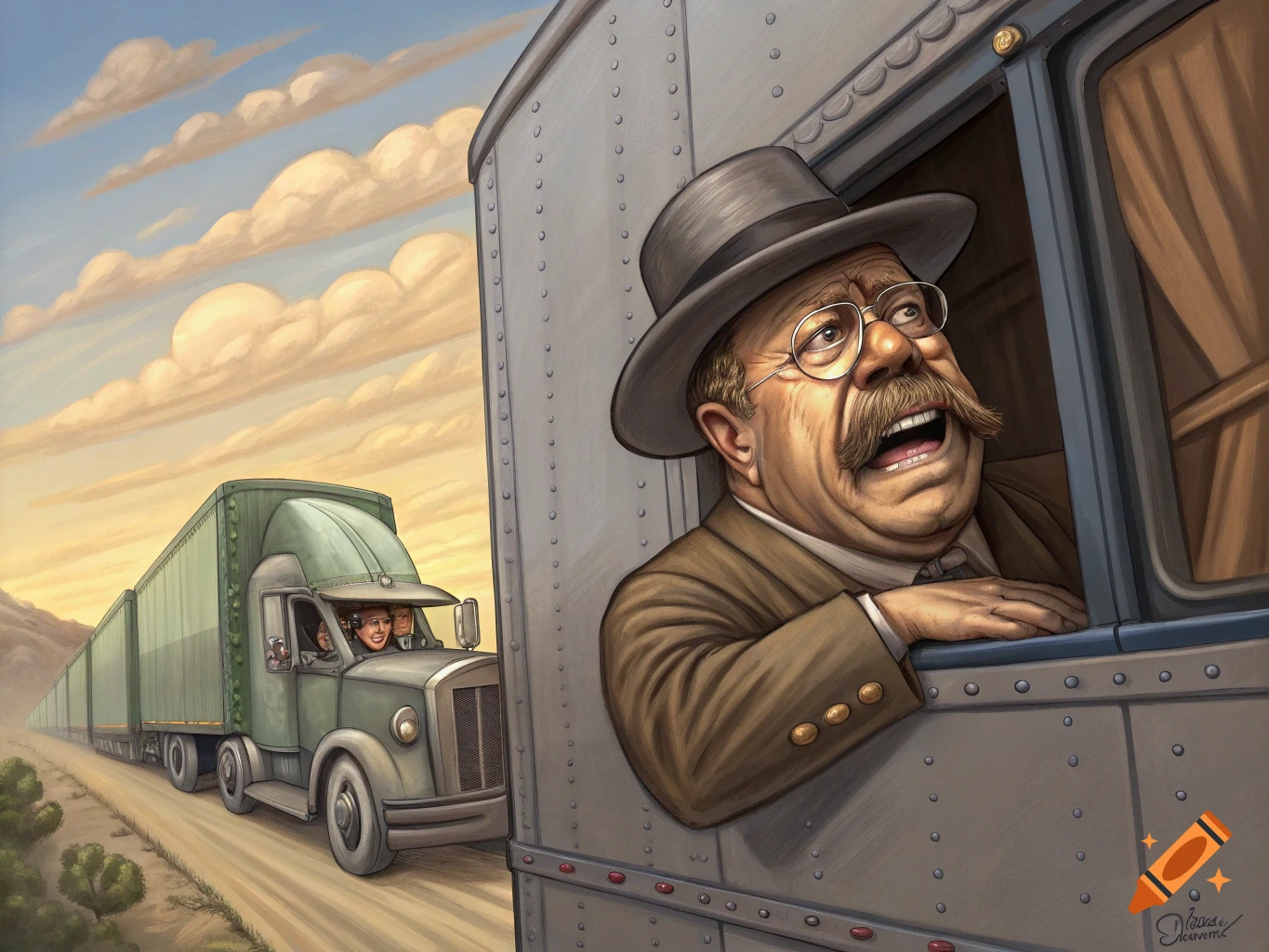 Caricature of Teddy Roosevelt with a mustache and hat, leaning out a vehicle window as a long truck passes by on a dirt road.