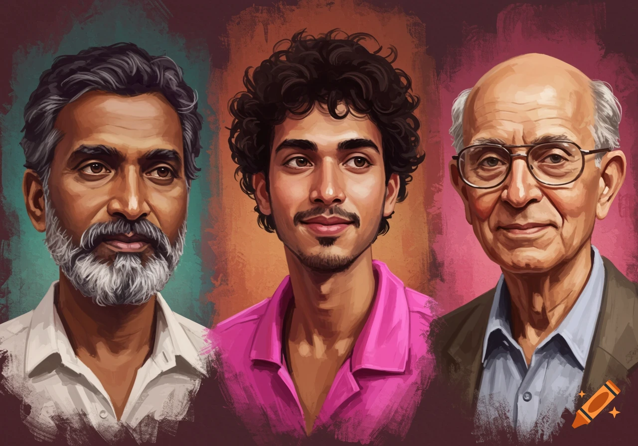 Stylized portraits of three men with varying ages and complexions against a textured background.