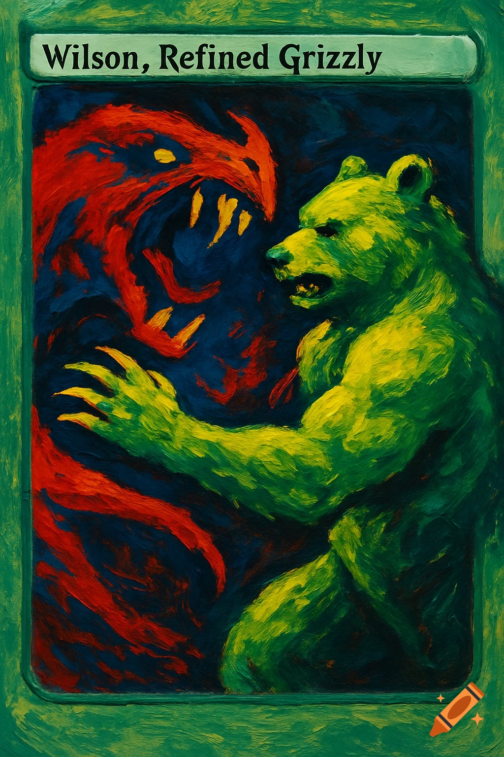 A stylized, green-bordered Magic the Gathering card featuring a green bear fighting a red monster in a painted style with bold, contrasting colors.