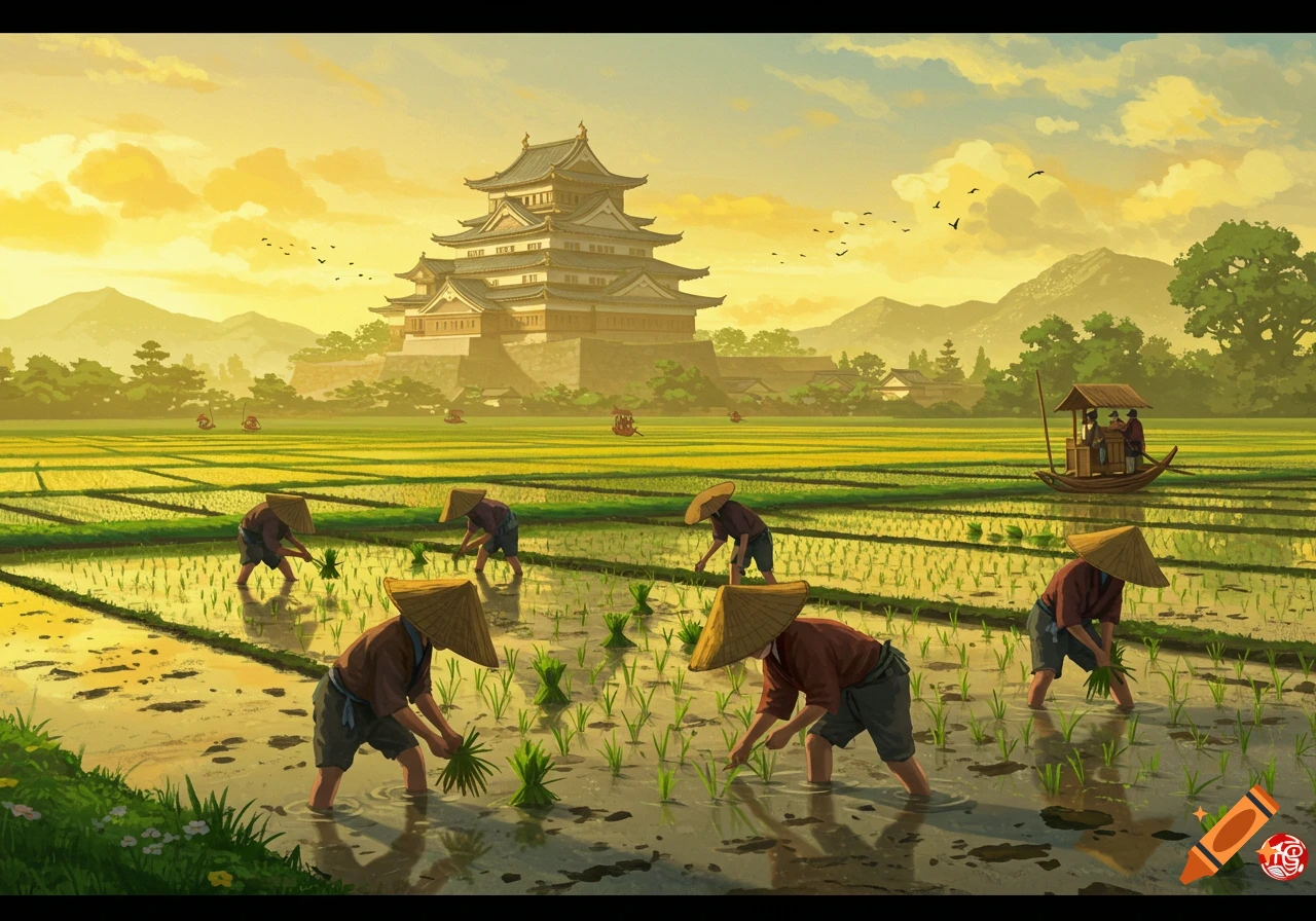 Peasants plant rice in sunlit paddies before a traditional Japanese castle with mountains in the background.