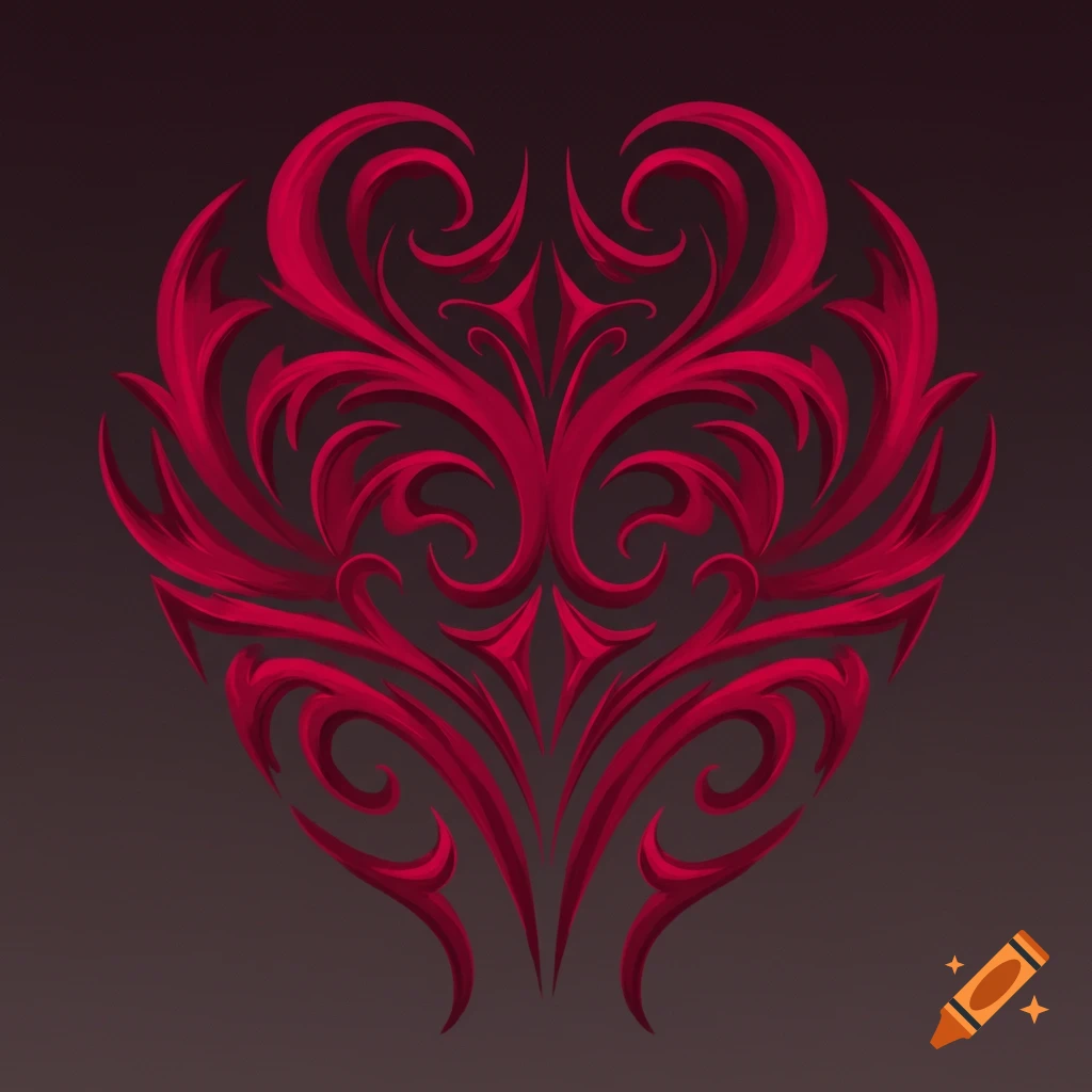 A deep red, symmetrical abstract symbol with ornate, swirling patterns against a dark background.