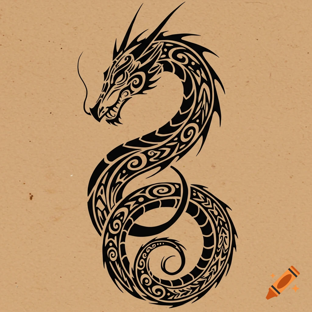 A black tribal dragon tattoo design with intricate patterns on a brown background.